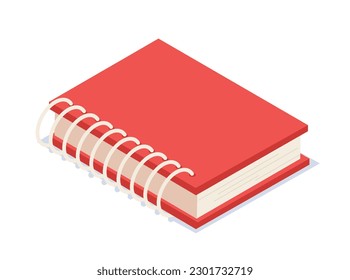Isometric notebook concept. Red book or diary. School, office or university supply. Sticker for social networks and messengers. Cartoon 3D vector illustration isolated on white background