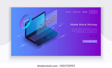 Isometric notebook and diagrams for data analytics. Digital business. Online statistics isometric vector landing page