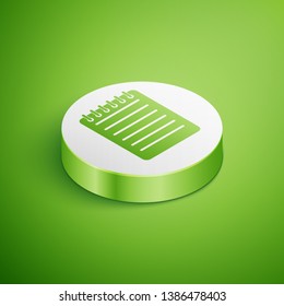 Isometric Notebook icon isolated on green background. Spiral notepad icon. Writing pad. Diary for business. Notebook cover design. Office stationery items. White circle button. Vector Illustration