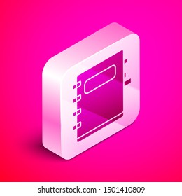 Isometric Notebook icon isolated on pink background. Spiral notepad icon. School notebook. Writing pad. Diary for school. Silver square button. Vector Illustration