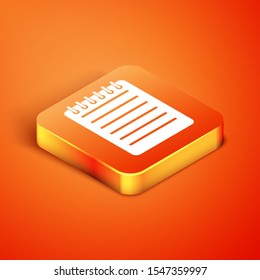 Isometric Notebook icon isolated on orange background. Spiral notepad icon. Writing pad. Diary for business. Notebook cover design.  Vector Illustration
