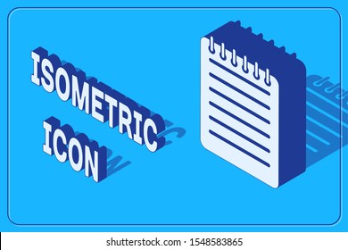 Isometric Notebook icon isolated on blue background. Spiral notepad icon. Writing pad. Diary for business. Notebook cover design.  Vector Illustration
