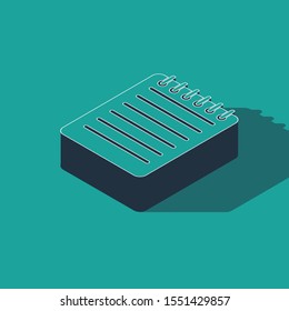 Isometric Notebook icon isolated on green background. Spiral notepad icon. Writing pad. Diary for business. Notebook cover design.  Vector Illustration