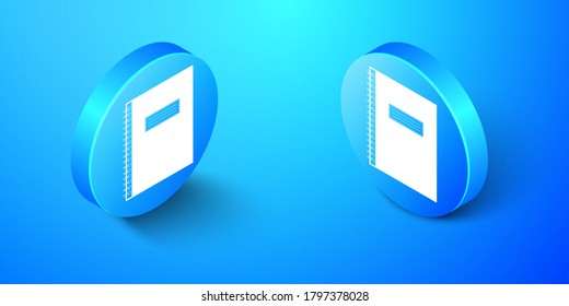Isometrisches Notebook-Symbol einzeln auf blauem Hintergrund. Spiral Notizblock Symbol. Schulheft. Schreibpad. Tagebuch für Geschäftsleute. Bürobedarf. Blauer Kreis-Knopf. Vektorgrafik.