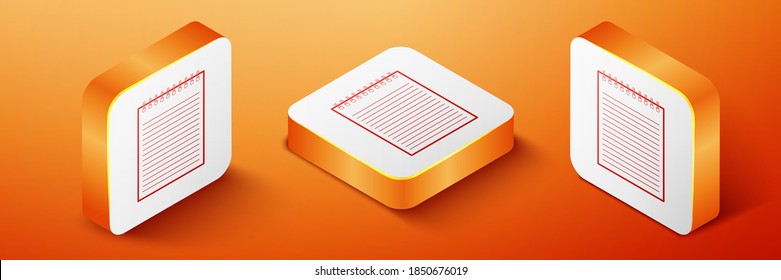 Isometric Notebook icon aislado en el fondo naranja. Icono de bloc de notas en espiral. Cuaderno escolar. Almohadilla de escritura. Diario de negocios. Diseño de portada para portátiles. Botón cuadrado naranja. Vector.