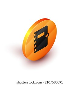 Isometric Notebook icon isolated on white background. Spiral notepad icon. School notebook. Writing pad. Diary for school. Orange circle button. Vector