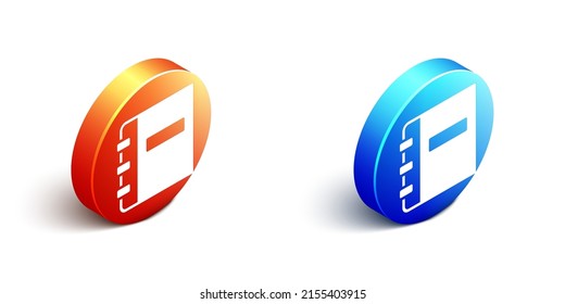 Isometric Notebook icon isolated on white background. Spiral notepad icon. School notebook. Writing pad. Diary for school. Orange and blue circle button. Vector