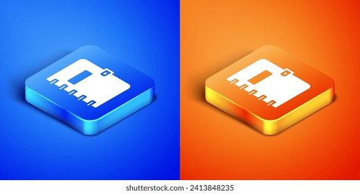 Isometric Notebook icon isolated on blue and orange background. Spiral notepad icon. School notebook. Writing pad. Diary for school. Square button. Vector
