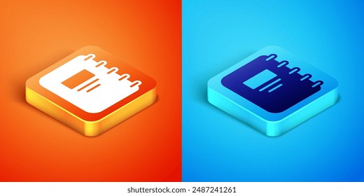 Isometric Notebook icon isolated on orange and blue background. Spiral notepad icon. School notebook. Writing pad. Diary for school.  Vector