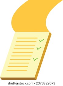 Isometric notebook with list and green check mark. Opened yellow book with checklist.