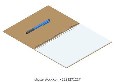 Isometric Notebook and pen isolated on white background