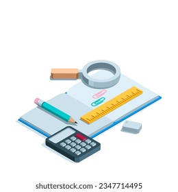 isometric notebook with a pencil and a ruler in color on a white background, stationery and school supplies