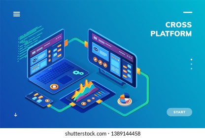 Isometric notebook and smartphone, tablet for data analytics and cloud computing. Cross platform for digital business. Background for cross-platform application with graphs. SaaS, IaaS banner
