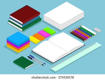 Isometric notebook,pencil, handle, elastic band, stickers school supplies