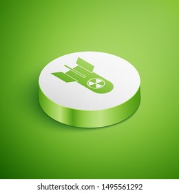 Isometric Nuclear bomb icon isolated on green background. Rocket bomb flies down. White circle button. Vector Illustration