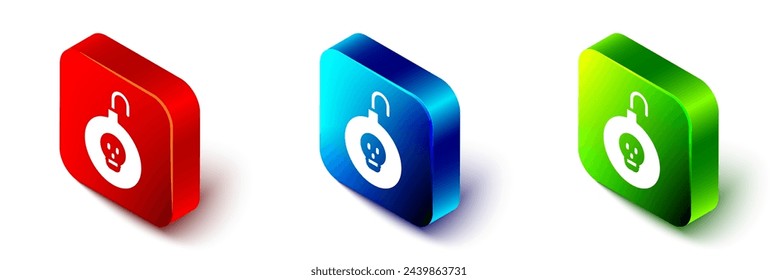 Icono de bomba nuclear isométrica aislado sobre fondo blanco. La bomba de cohetes vuela hacia abajo. Botón cuadrado rojo, azul y verde. Vector