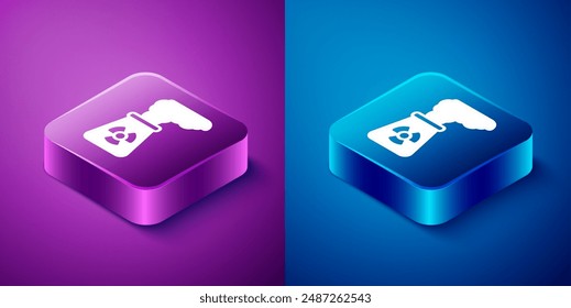 Isometric Nuclear power plant icon isolated on blue and purple background. Energy industrial concept. Square button. Vector
