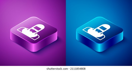 Isometric Nuclear power plant worker wearing protective clothing icon isolated on blue and purple background. Nuclear reactor worker. Square button. Vector