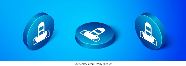 Isometric Nuclear power plant worker wearing protective clothing icon isolated on blue background. Nuclear reactor worker. Blue circle button. Vector