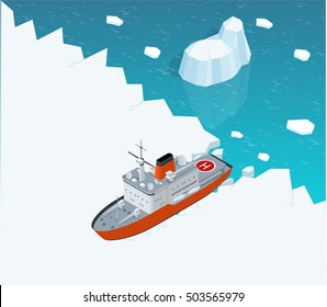 Isometric nuclear-powered icebreaker sailing on the ice in the sea. Flat 3d illustration. For infographics and design games. Industrial nautical transport.