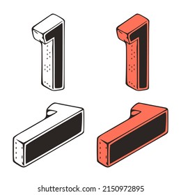 Isometric number 1 doodle vector illustration on white background. Stylized number zero clip art.