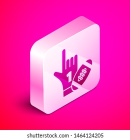 Isometric Number 1 one fan hand glove with finger raised and american football ball icon isolated on pink background. Set of sport equipment. Silver square button. Vector Illustration
