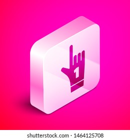 Isometric Number 1 one fan hand glove with finger raised icon isolated on pink background. Symbol of team support in competitions. Silver square button. Vector Illustration