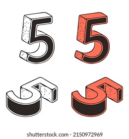 Isometric number 5 doodle vector illustration on white background. Stylized number zero clip art.