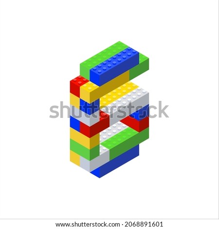 Isometric number 6 assembled from plastic blocks. Children s constructor.Vector illustration.