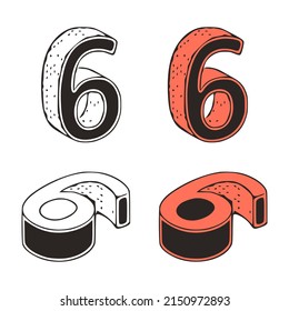 Isometric number 6 doodle vector illustration on white background. Stylized number zero clip art.