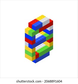 Isometric number 8 assembled from plastic blocks. Children s constructor.Vector illustration.