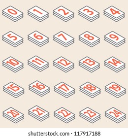 Isometric numbers 0 to 24 on stack of paper