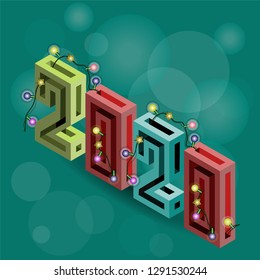 Isometric numbers 2020, decorated with flashlights and symbolizing the next year. Emerald background with light special effects. Vector illustration