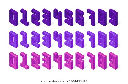 Isometric numbers made of 3d cubes. Purple, violet and pink digits stand in row isolated on white background. Geometric font vector elements, block signs, set of mathematics symbols from zero to nine