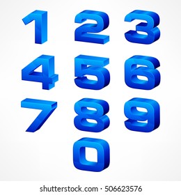 Isometric numbers. Set of vector from 1 to 0 in blue color on white. Illustration