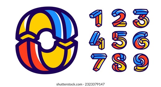 Isometric numbers set. Vector impossible lines handwritten emblems. Color shift style design. Cubic bright icons for childish labels, birthday headlines, illusion posters, sale advertisement.