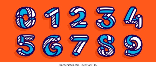 Isometric numbers set. Vector impossible lines handwritten emblems. Hatching shadow style flat design. Cubic bright icons for geometry labels, engineering headlines, science posters, sale adv.