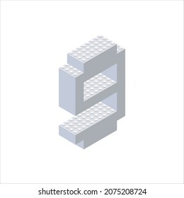Isometric numeral 9 in gray on a white background is assembled from plastic blocks. Vector illustration.