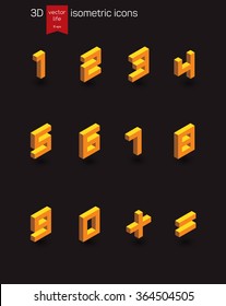 Isometric numeric icons of gold on a dark background. Stylized 3D icons for web and mobile devices. 
