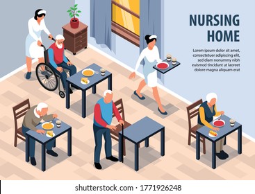 Isometric Nursing Home Background Composition With View Of Dining Room In Seniors Complex With Editable Text Vector Illustration