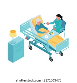 Isometric nursing home composition with isolated human characters of assistants with elderly persons vector illustration