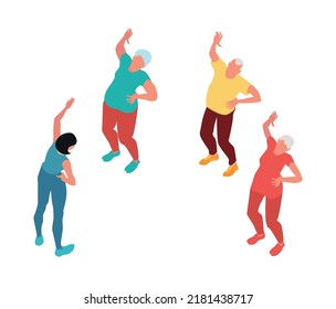 Isometric nursing home composition with isolated human characters of assistants with elderly persons vector illustration