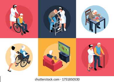 Isometric nursing home design concept 3x2 set of square compositions with elderly people and specialists assistance vector illustration