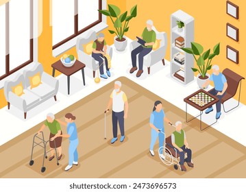 Isometric nursing home. Elderly people in room with chairs tables and sofa. Medical support for old, pension lifestyle and healthcare flawless vector scene