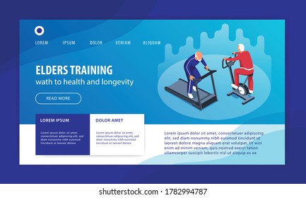 Isometric nursing home website template design with images of elderly people doing physical exercises on machines vector illustration