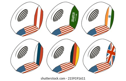 Isometric nut with flags. Business communication concept in industrial design. USA and other contries business cooperation.