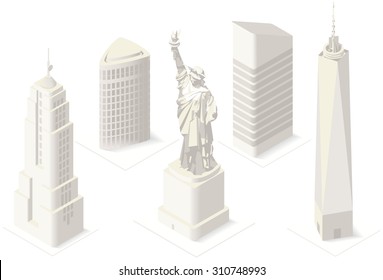 Isometric NYC State and Landmarks Building 3D Flat Landmark New York Manhattan Freedom Tower Usa Building Monument Isometric Road Map Elements Design Web Vector Illustration Empire Liberty Statue