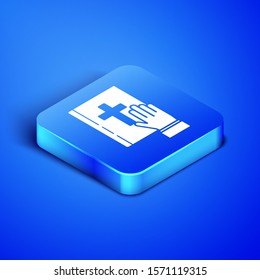 Isometric Oath on the Holy Bible icon isolated on blue background. The procedure in court. Truth and truth. Promise before god. Blue square button. Vector Illustration