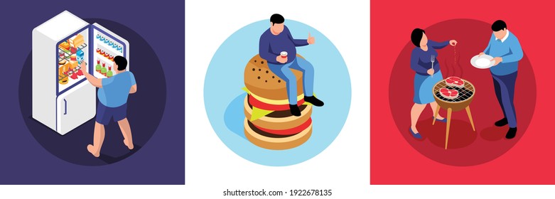 Isometric obesity design concept with human characters of people eating burger looking into fridge frying barbecue vector illustration