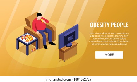 Isometric obesity horizontal banner with editable text and button with man eating pizza while watching tv vector illustration